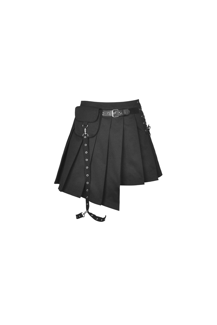 Black Lace-Up Irregular Hem Pleated Women's Punk Skirt with Side Bag