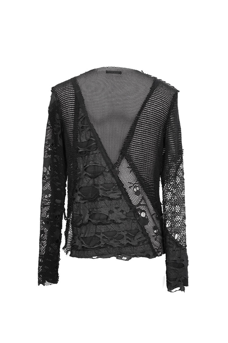 Black A Variety Of Mesh Materials Stitching Unedged Broken Holes Round Collar Men's Punk T-Shirt