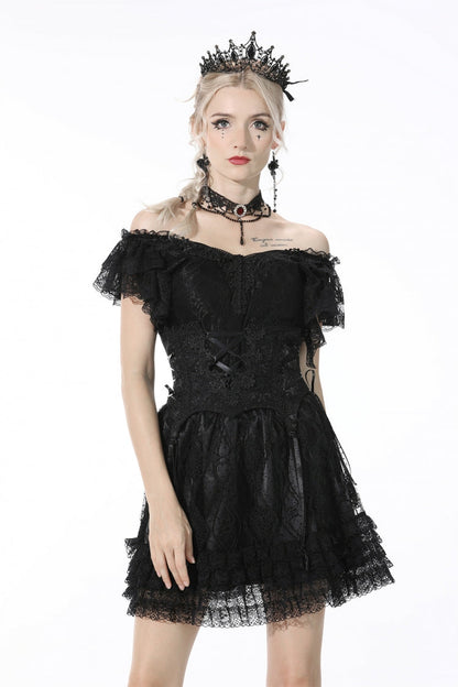 Black Plunging V Collar Short Sleeves Ruffled Lace Sexy Women's Gothic Crop Top