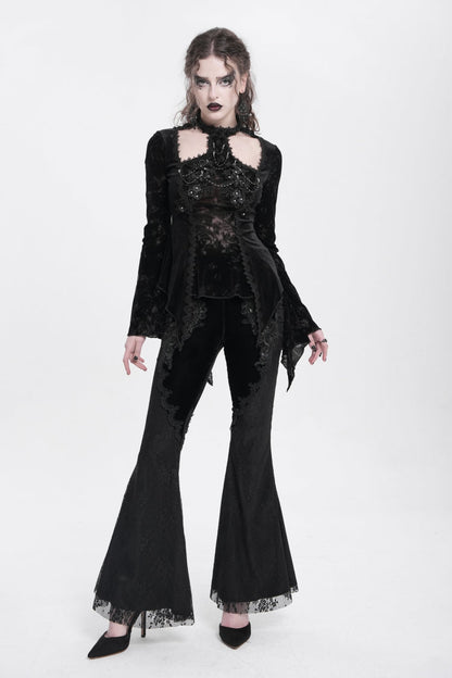 Black Halterneck Long Trumpet Sleeves Jacquard Embroidery Women's Gothic Blouse