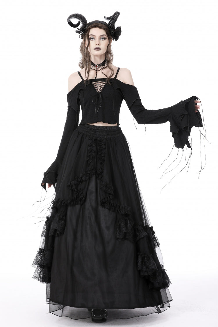 Black Off Shoulder Long Trumpet Sleeves Lace-Up Women's Gothic Sexy Crop Top
