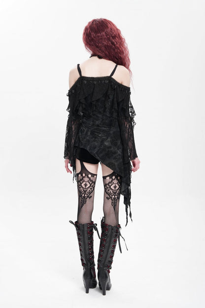 Black Off Shoulder Long Trumpet Sleeves Ruffle Women's Gothic Slip Blouse
