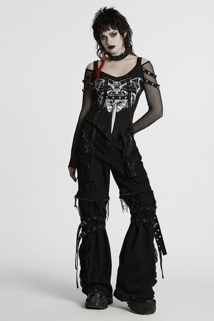 Black Long Sleeves Cutout Skull Print Stitching Mesh Women's Punk Blouse
