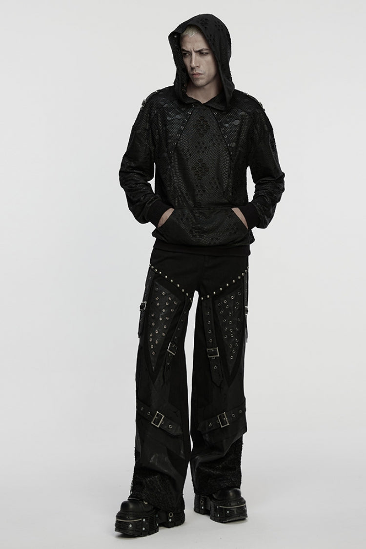 Black Long Sleeves Hooded Ripped Eyelets Men's Punk Coat