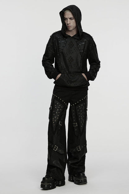 Black Long Sleeves Hooded Ripped Eyelets Men's Punk Coat