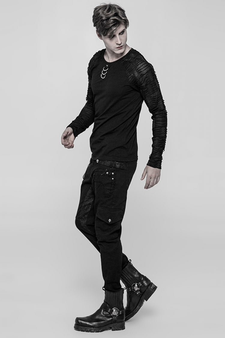 Black Long Sleeves Metal D-Buckle Ripped Men's Steampunk T-Shirt
