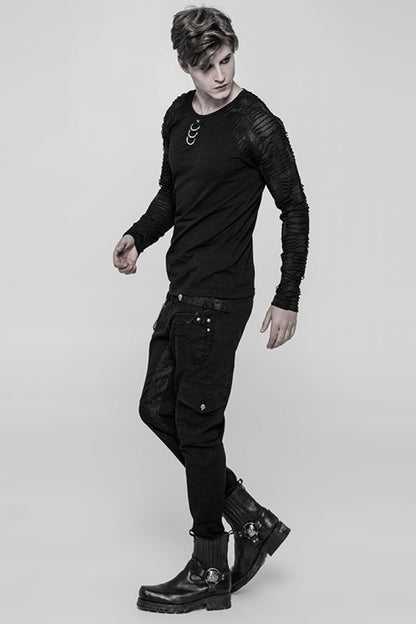 Black Long Sleeves Metal D-Buckle Ripped Men's Steampunk T-Shirt