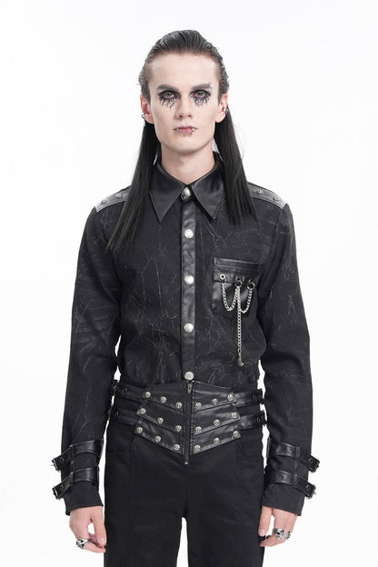 Black Lapel Collar Long Sleeves Buckle Chain Men's Gothic Blouse