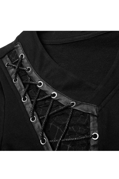Black Long Sleeve Knit Front Splice Imitation Leather Lace Up Men's Punk T-Shirt