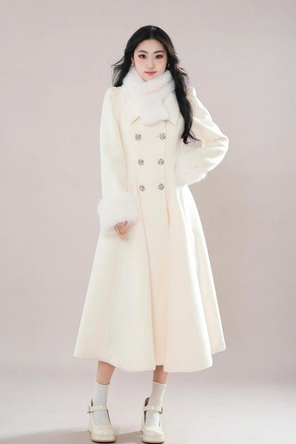 Beige Double-breasted Long Sleeves Removable Fur Collar Sweet Elegant Princess Lolita Coat