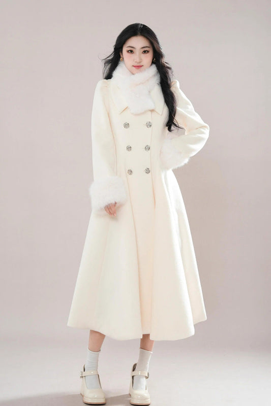 Beige Double-breasted Long Sleeves Removable Fur Collar Sweet Elegant Princess Lolita Coat