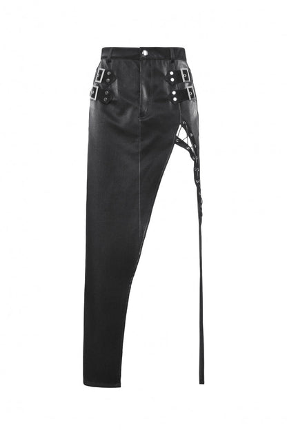 Black Leather Women's Punk Buckled Side Slit Irregular Hem Skirt