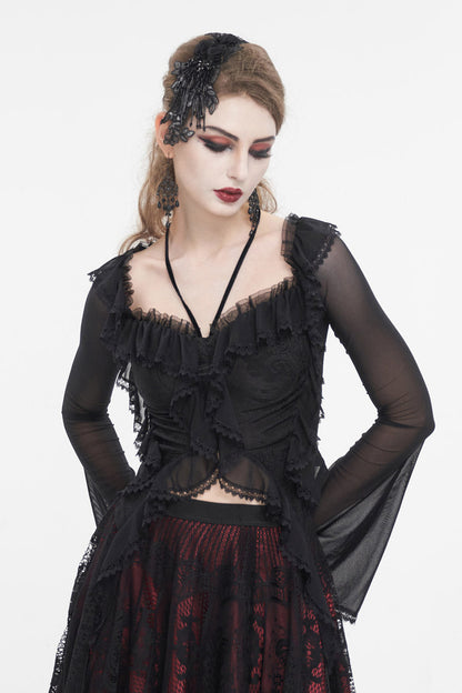 Black Lace Up Ruffled Trumpet Sleeves Mesh Women's Gothic Shirt