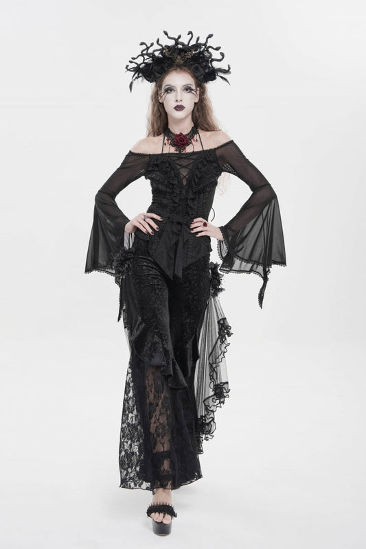Black Embroidered Lace Women's Printed Mesh Floral Gothic Pants