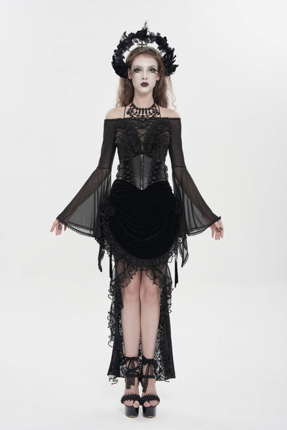 Black Embroidered Rose Lace-up Irregular Women's Gothic Hem Skirt