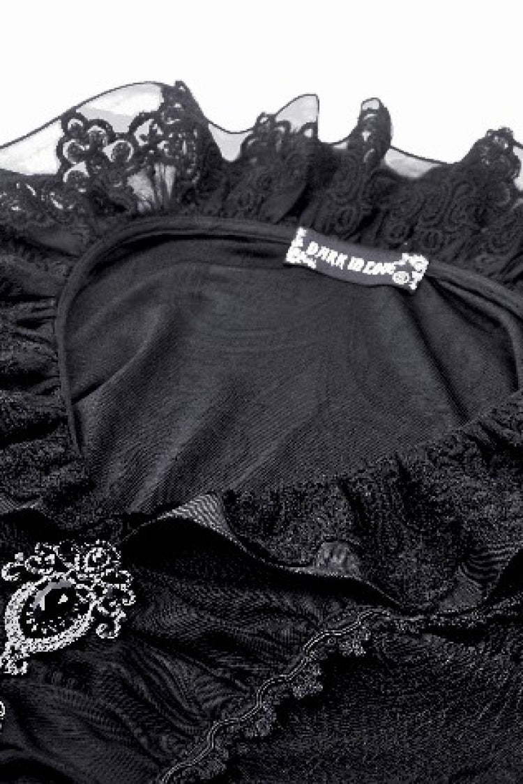 Black Lace Ruffled V Stand Collar Long Flared Sleeves Jacquard Women's Gothic Blouse