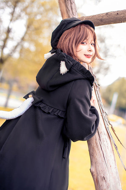 Black Cat Tail Long Sleeves Ruffle Bowknot Hooded Sweet Lolita Coat