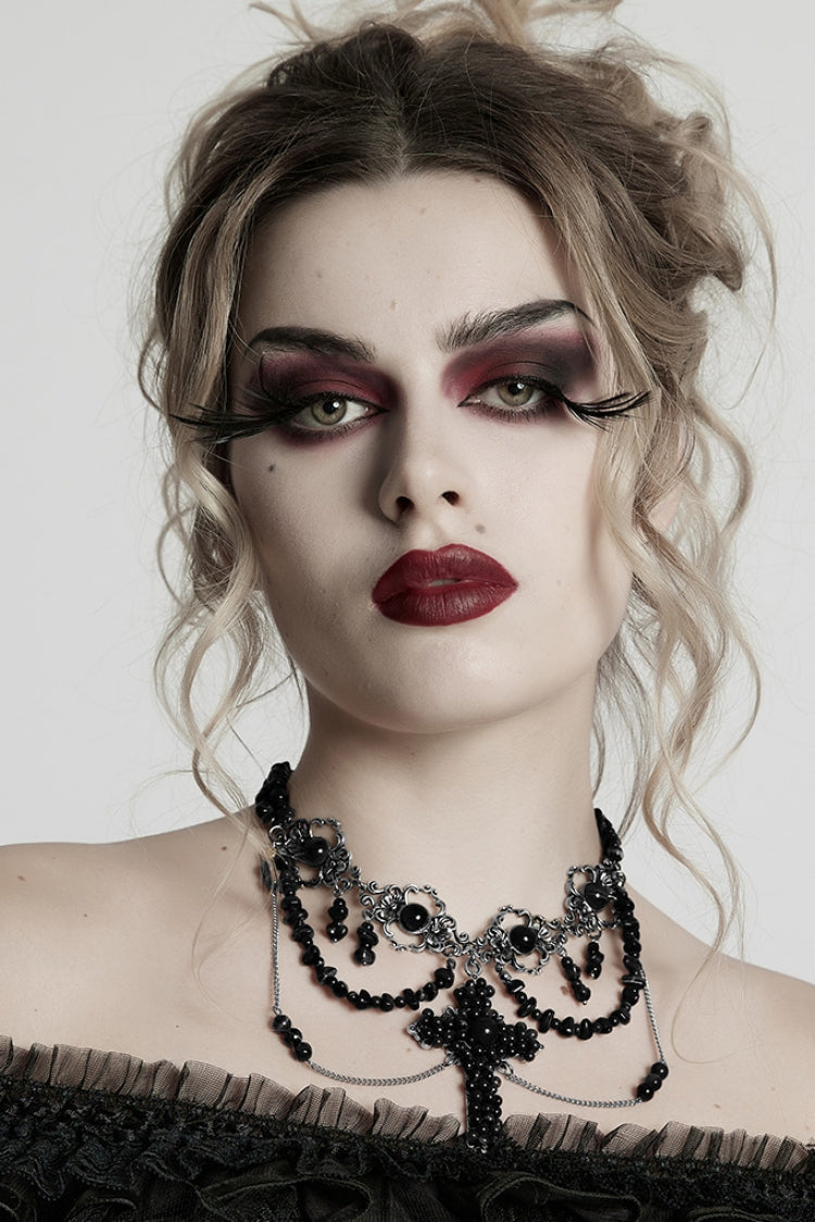 Black Irregular Beaded Cross Women's Punk Necklace