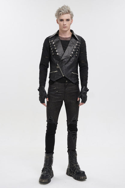Black Lapel Fitted Atomized Crack Front Chest Crossover Rope Men's Punk Vest