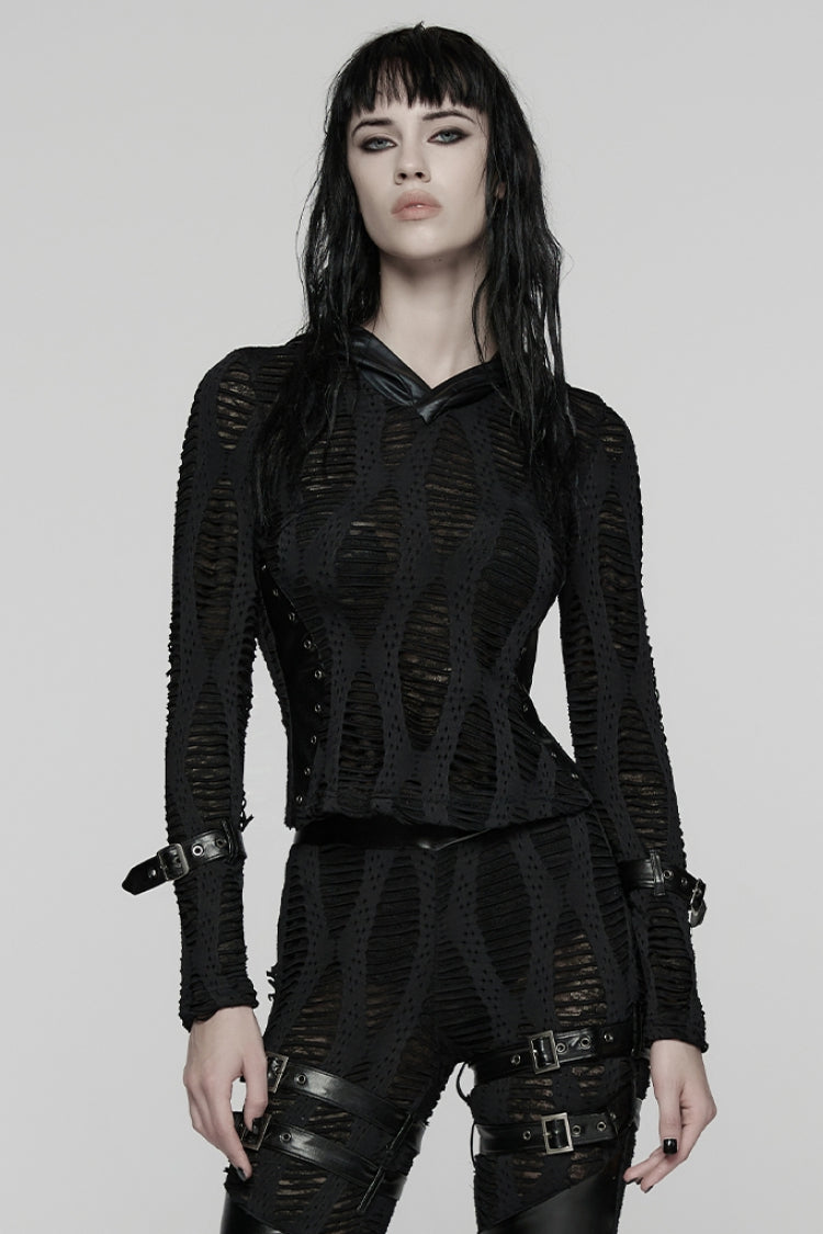 Black Long Sleeves Hooded Ripped Buckled Strappy Women's Punk T-Shirt