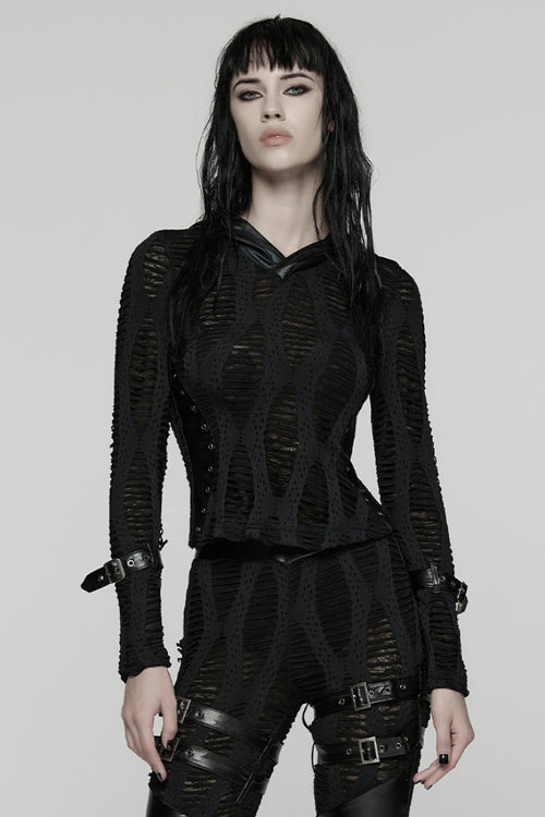 Black Long Sleeves Hooded Ripped Buckled Strappy Women's Punk T-Shirt