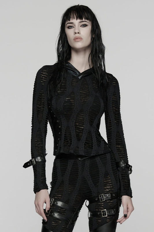 Black Long Sleeves Hooded Ripped Buckled Strappy Women's Punk T-Shirt