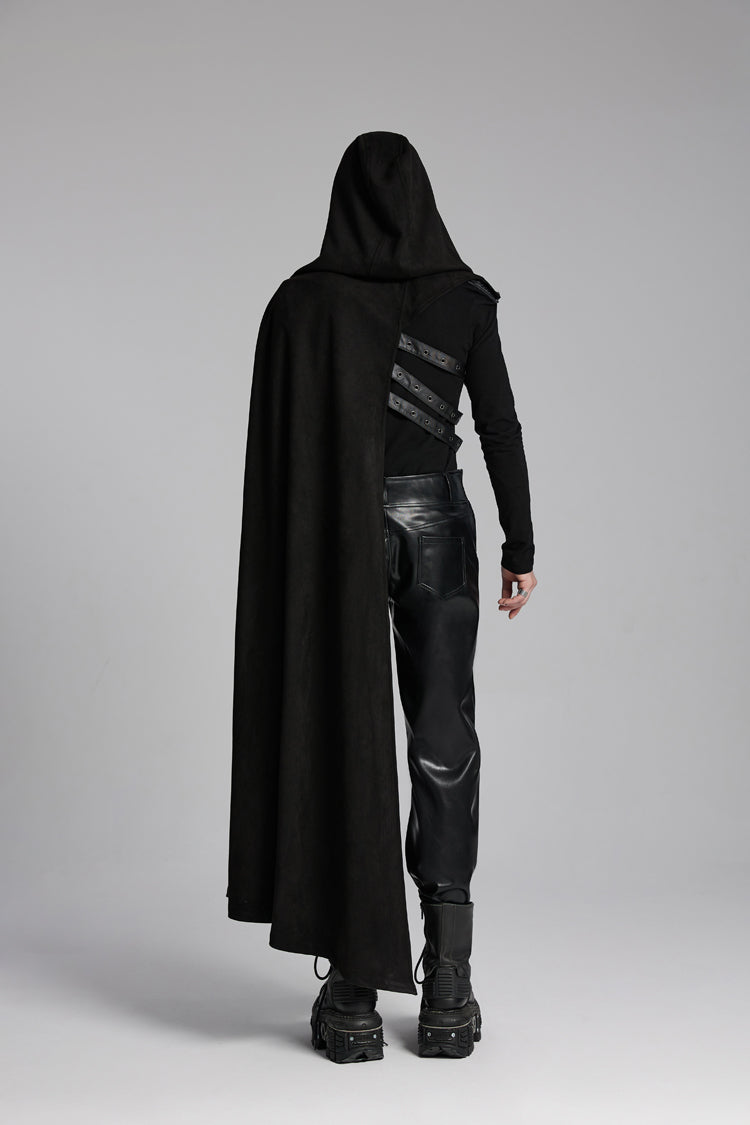 Black Hooded Buckle-up Rivets Men's Punk Cloak