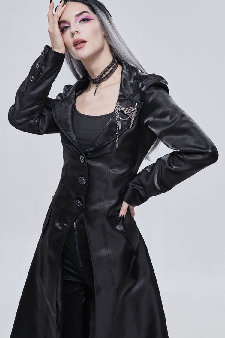 Black Gothic Lace-Up Lapel Skull Brooch Delicate Button Women's Coat