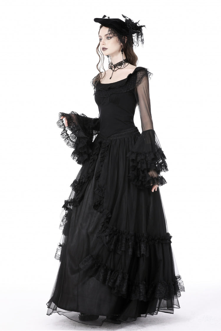Black Multi-Layered Ruffled Lace Long Trumpet Sleeves Women's Gothic Princess Sexy Top