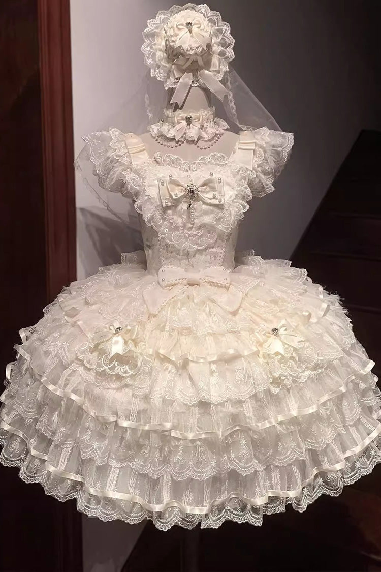 Apricot [Ballad of Feathers] Sleeveless Multi-Layered Ruffle Hanayome Bowknot Sweet Lolita Jsk Dress