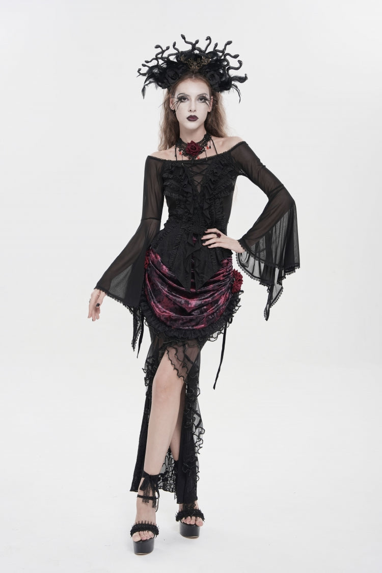 Black Off Shoulder Long Trumpet Sleeves Ruffled Embroidered Lace-Up Women's Gothic Blouse