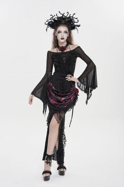 Black Off Shoulder Long Trumpet Sleeves Ruffled Embroidered Lace-Up Women's Gothic Blouse