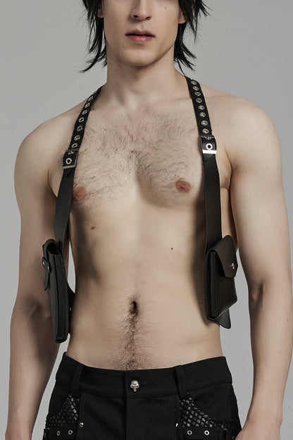 Black Faux Leather Vest Straps Men's Steampunk Vest Bag