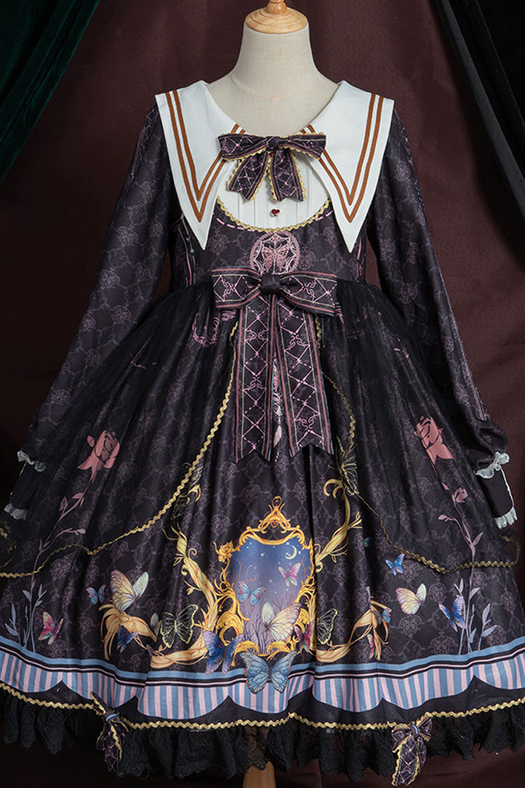 Black Navy Collar Long Sleeves Butterfly Print Ruffle Bowknot Gothic Elegant Princess Lolita Dress