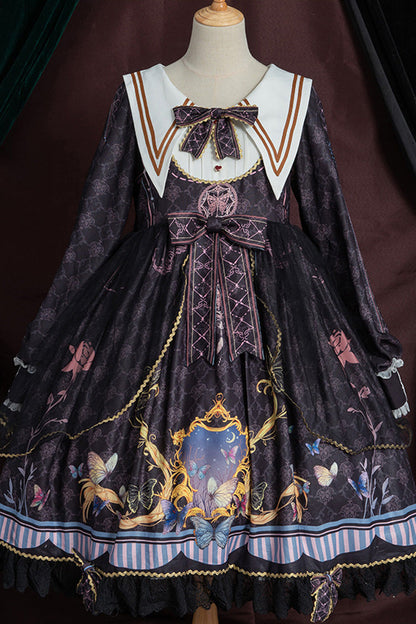 Black Navy Collar Long Sleeves Butterfly Print Ruffle Bowknot Gothic Elegant Princess Lolita Dress