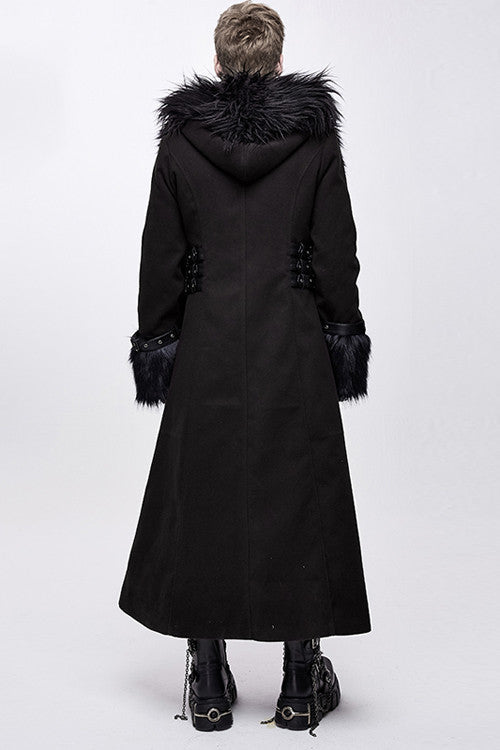 Black Double Sided Woollen Hooded Punk Mens Long Coat