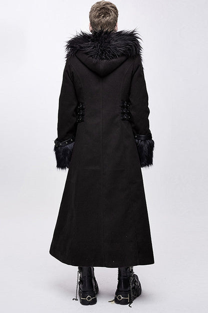 Black Double Sided Woollen Hooded Punk Mens Long Coat
