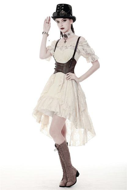 Beige Ruffled Off Shoulder Short Sleeves Ruched Women's Steampunk Vintage Gorgeous Graduation Dress