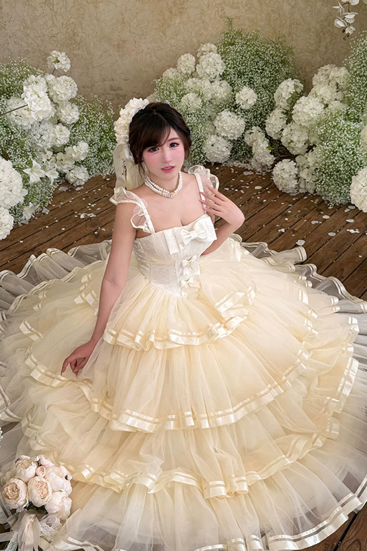 Apricot [Sweet Organza Satin] Sleeveless Multi-Layered Ruffled Hanayome Bow Lace Sweet Elegant Princess Lolita Jsk Dress