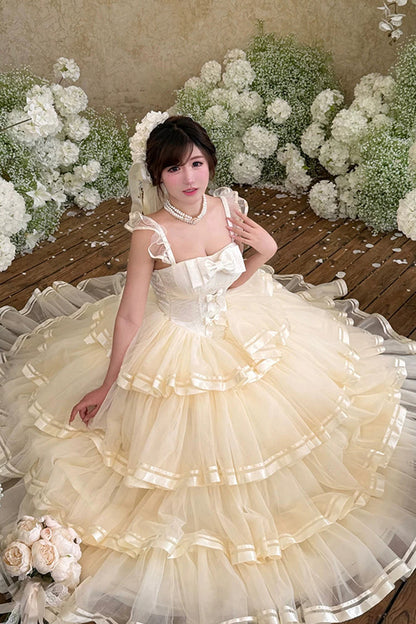 Apricot [Sweet Organza Satin] Sleeveless Multi-Layered Ruffled Hanayome Bow Lace Sweet Elegant Princess Lolita Jsk Dress