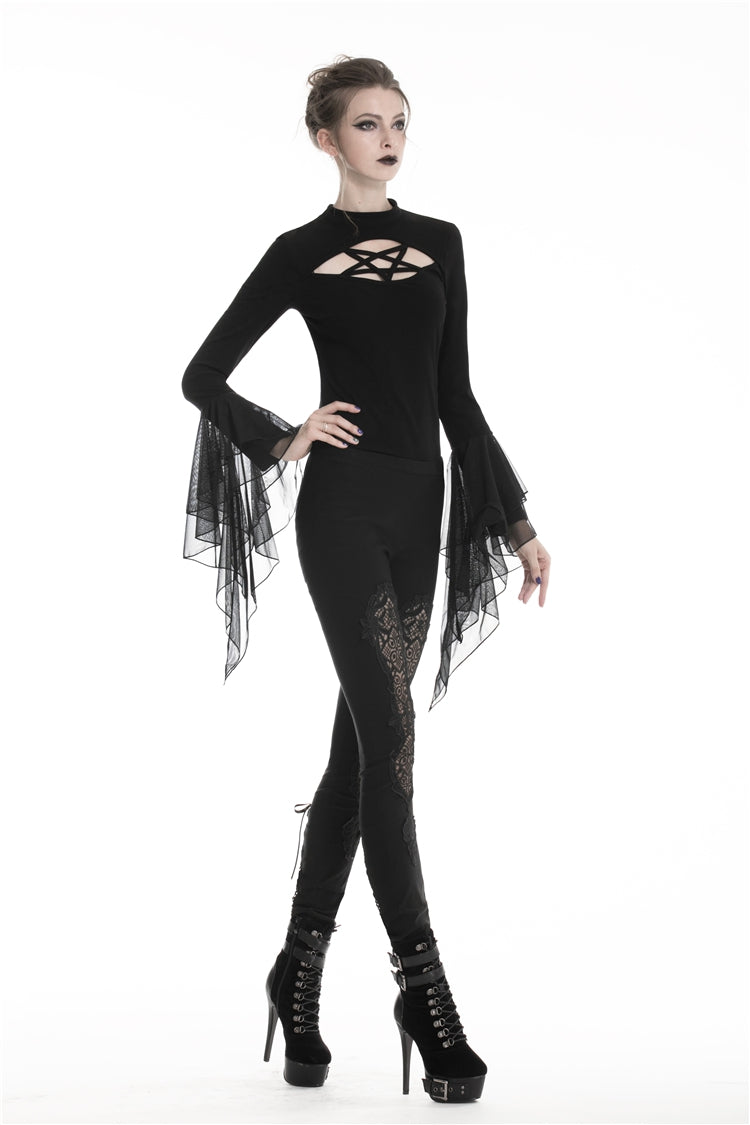 Black Floral Cut-Out Lace-Up Women's Gothic Leggings
