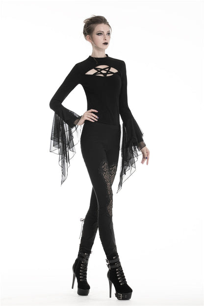 Black Floral Cut-Out Lace-Up Women's Gothic Leggings