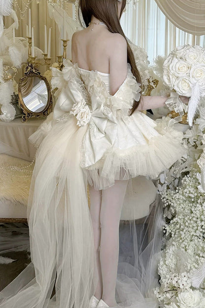 Apricot [Dream Confession] Sleeveless Multi-Layered Ruffled Hanayome Bow Lace Lace-Up Sweet Lolita Jsk Dress Short Version