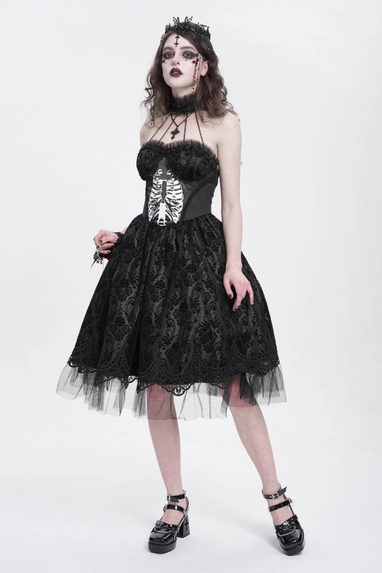 Black Halterneck Skeleton Print Embroidery Stitching Lace Women's Gothic Dress