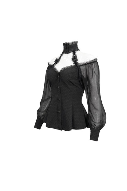 Black Long Sleeve Lace Trim Panel Woven Adjustable Back Women's Gothic T-Shirt