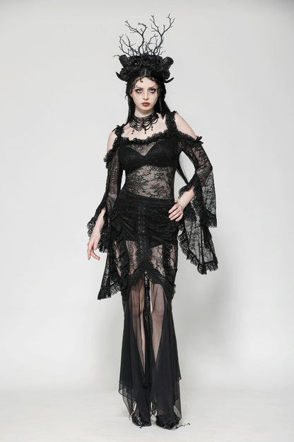 Black Off Shoulder Long Flare Sleeves Lace Women's Gothic Romantic Top