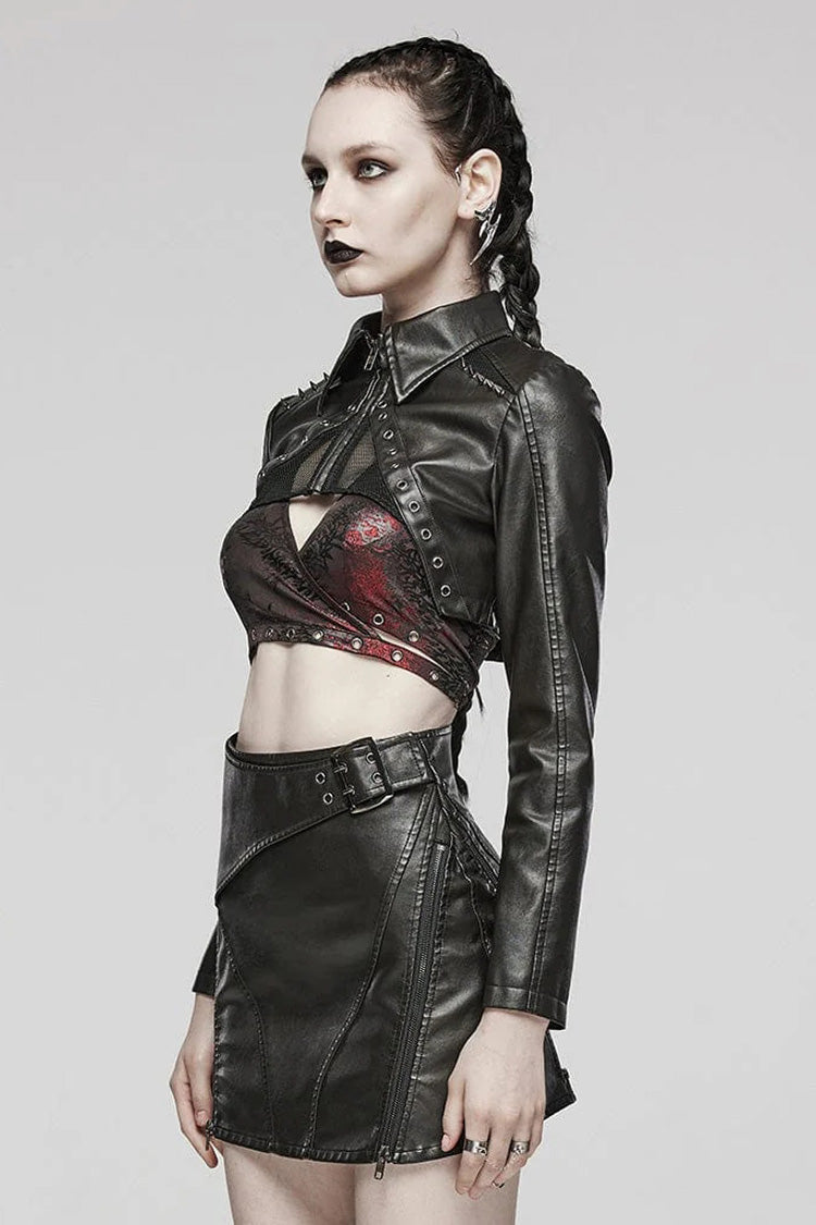 Black Faux Leather Long Sleeves Hollow Stitching Womens Steampunk Short Coat