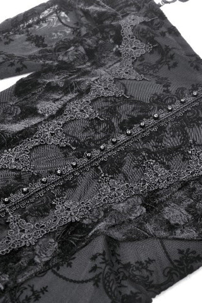Black Off Shoulder Long Trumpet Sleeves Velvet Spliced Mesh Women's Gothic Graduation Dress