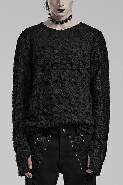 Black Long Sleeves Ripped Print Stitching Mens Gothic T-Shirt