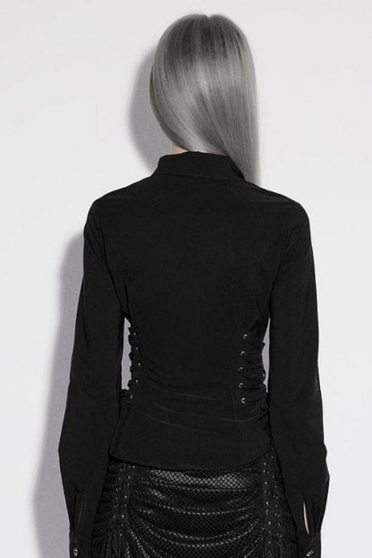 Black Lapel Collar Long Sleeves Lace-Up Slim Buckled Women's Gothic Blouse